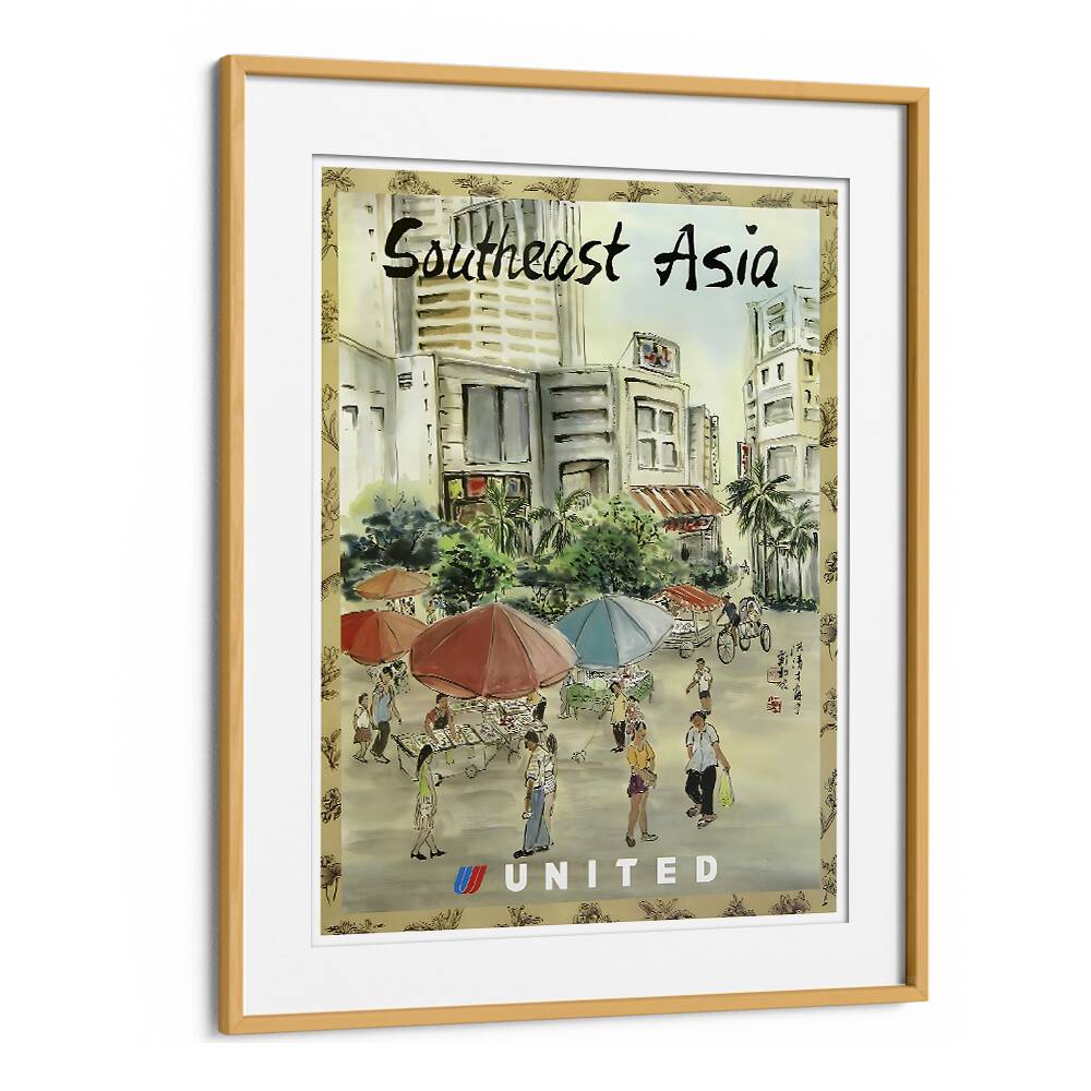 Framed SOUTH EAST ASIA, VINTAGE TRAVEL POSTERS showcasing vibrant street life and iconic landmarks for home decor.