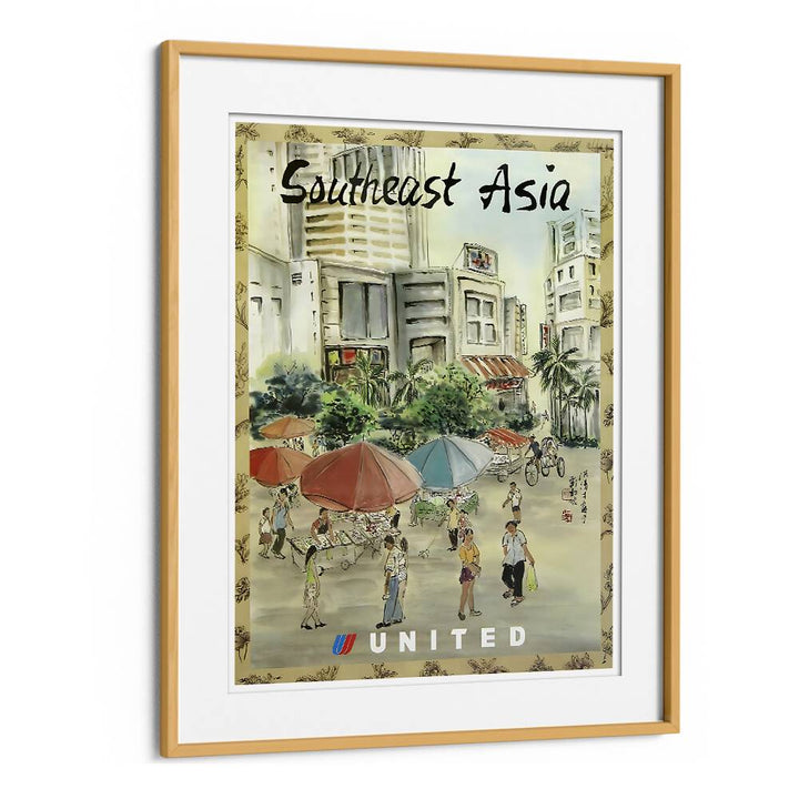 Framed SOUTH EAST ASIA, VINTAGE TRAVEL POSTERS showcasing vibrant street life and iconic landmarks for home decor.