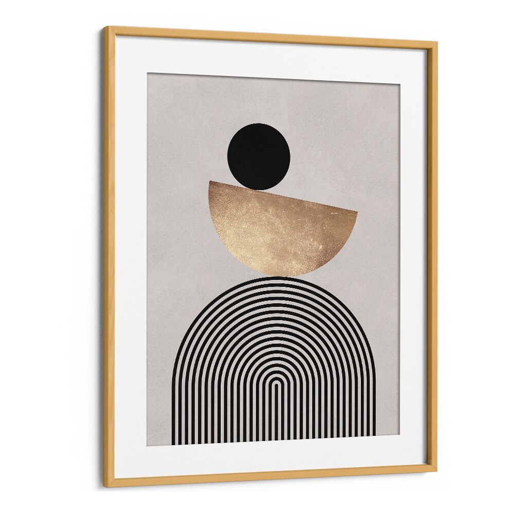 Stylish LINES AND CIRCLES XX, GEOMETRIC ART PRINTS featuring gold and black shapes in a sleek frame, perfect decor.
