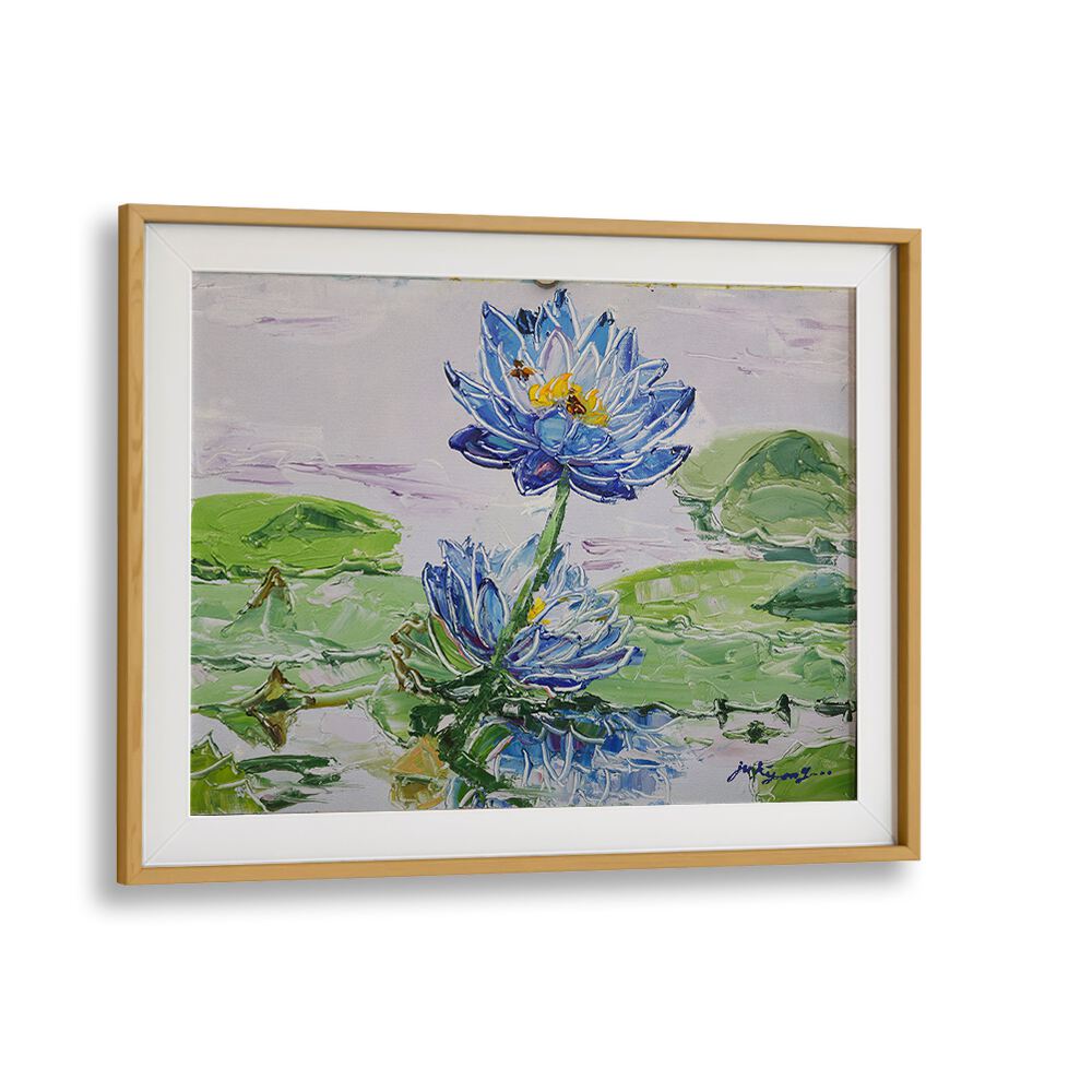 Beautiful LOTUS FLOWER CANVAS, showcasing vibrant blue blooms in serene water, perfect for floral flower paintings lovers.