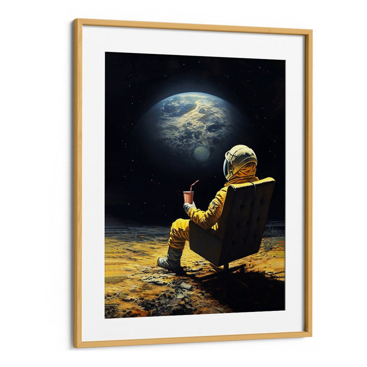 Surreal MOON BREAK, ALTERED ART PRINTS featuring an astronaut enjoying a drink while gazing at Earth from space.