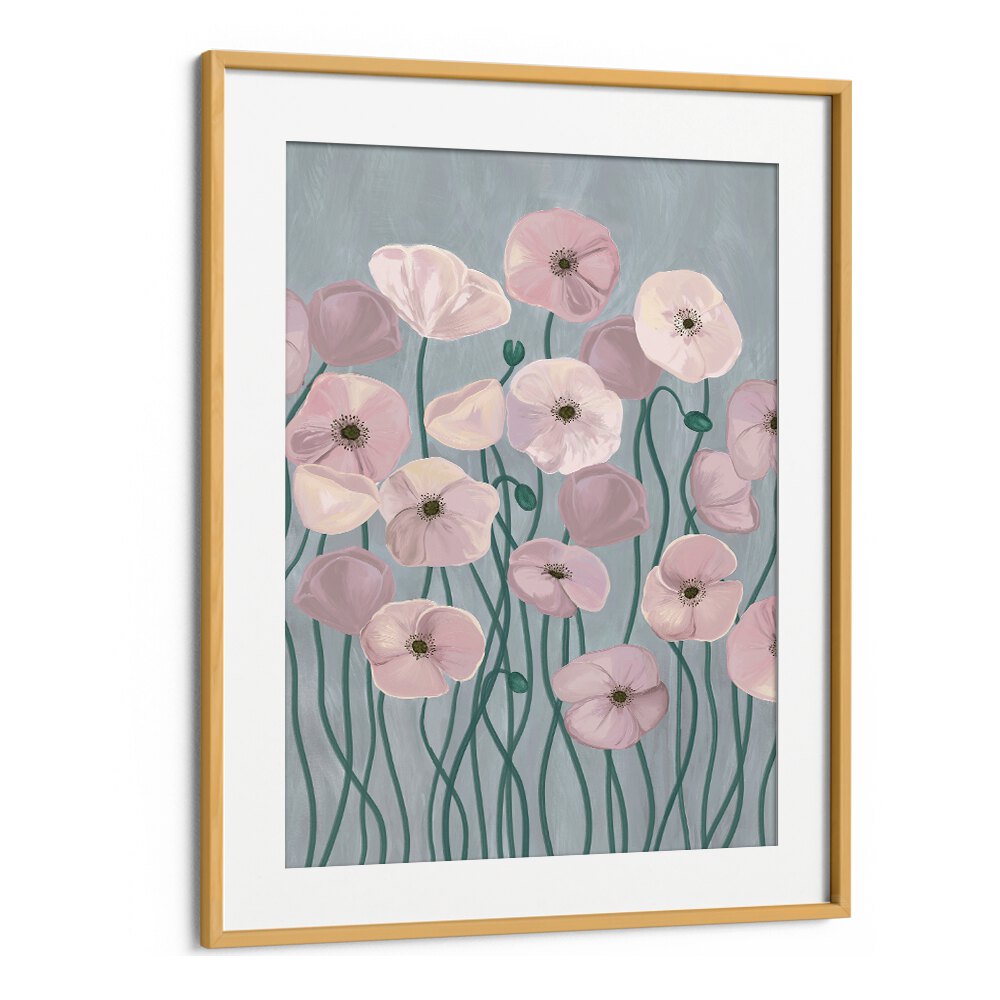 Delicate LIGHT POPPIES, FLORAL FLOWER PAINTINGS showcase soft pink blooms against a serene backdrop, perfect for decor.