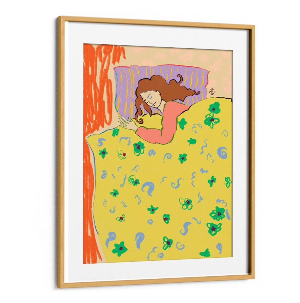 Bright and colorful art print featuring a cozy scene of SLEEPING IN, VIBRANT, perfect for energizing your space.