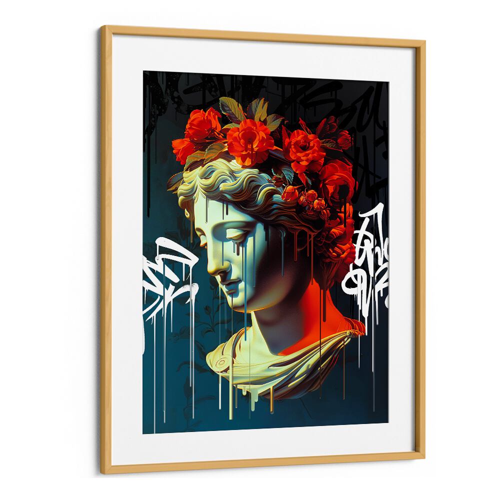 VANDAL CASANDRA, ALTERED ART PRINTS by DIKHOTOMY features a striking sculpture with vibrant flowers and modern graffiti.