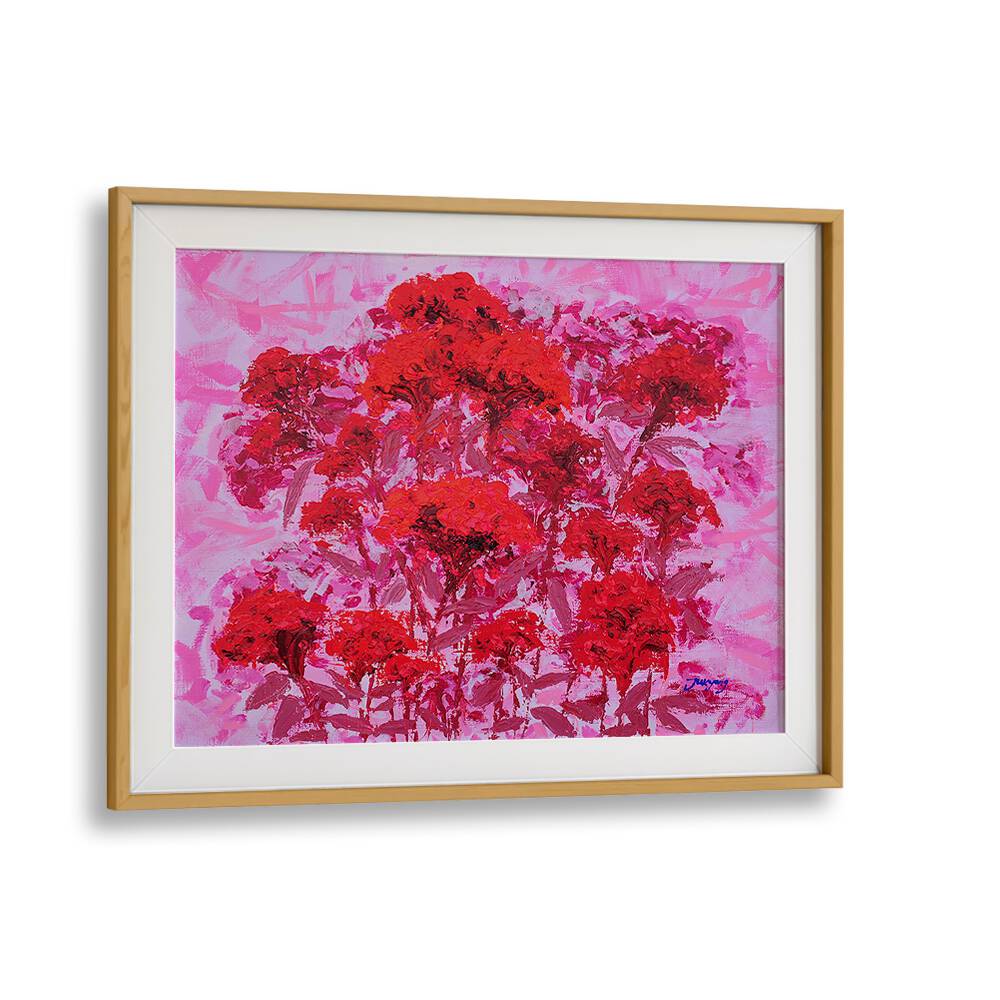 Vibrant COCKSCOMB CANVAS, FLORAL FLOWER PAINTINGS showcasing bold red flowers against a soft pink background.