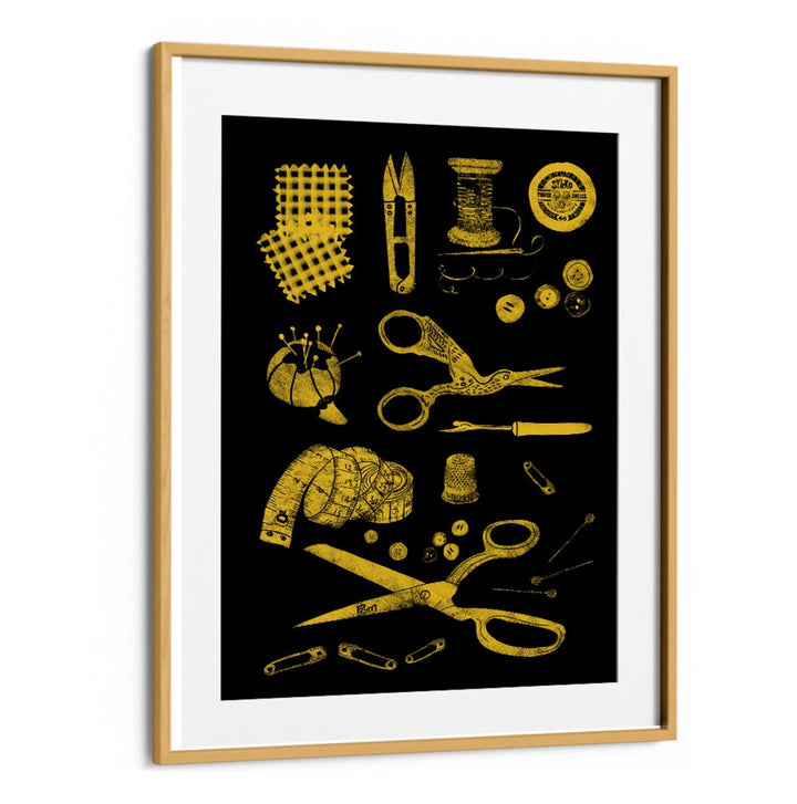 Stylish HABERDASHERY BLACK AND GOLD, FASHION POSTERS showcasing sewing tools on a chic black background. Perfect decor!