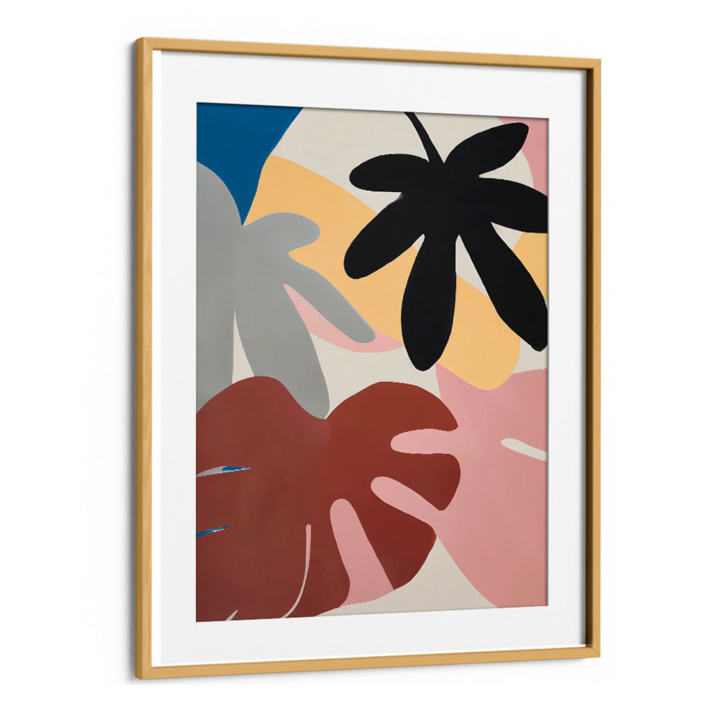 JUNGLE VIBES , FLORAL FLOWER PAINTINGS with bold abstract leaves in warm tones by Oakwood Mount decor