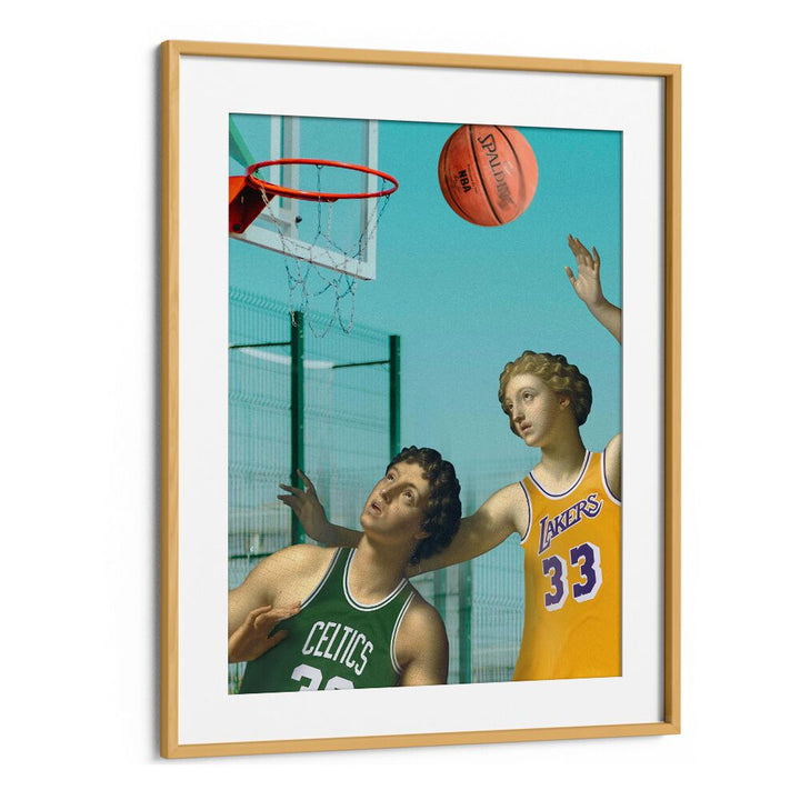 Basketball players in a nostalgic scene, featuring A CLASSIC GAME, ALTERED ART PRINTS by Dikhotomy.