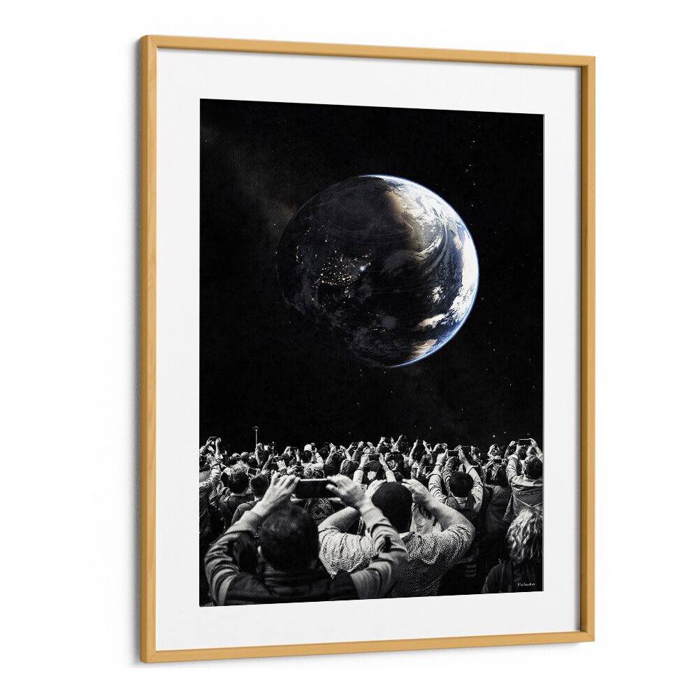Stunning OBSERVERS, SURREAL ART PRINTS depicting a crowd gazing at a surreal Earth, crafted by Underdott.