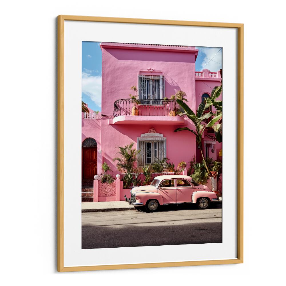 Vibrant MEXICAN LIFE VII, CAR POSTERS featuring a classic pink car against a colorful building backdrop.