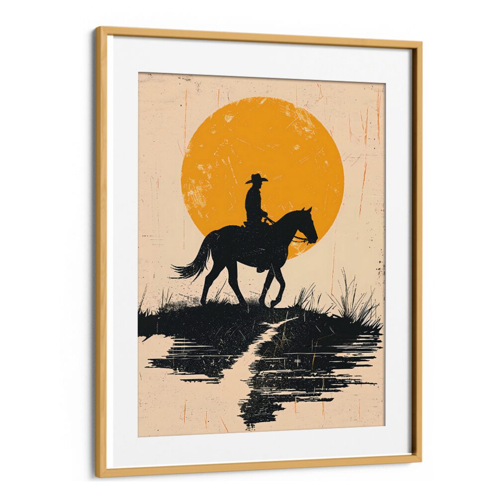 Captivating COWBOY IN THE SUNSET artwork showcasing a lone cowboy against a vibrant sunset, perfect for rustic decor.