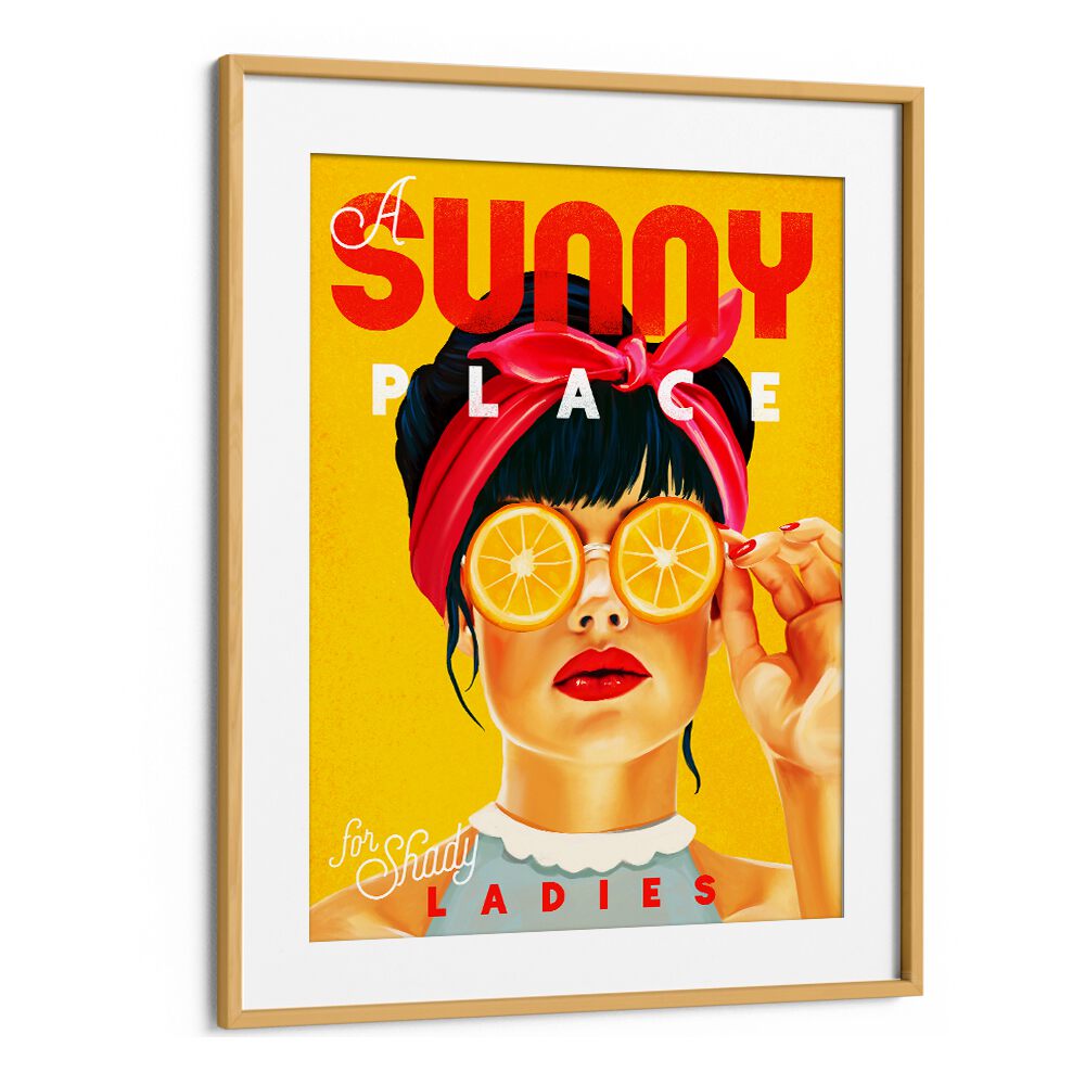Vintage illustration of "A Sunny Place, Bar" featuring playful orange pinup art for a charming decor touch.