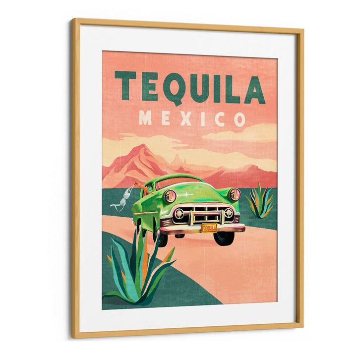 Vibrant TEQUILA MEXICO, TRAVEL POSTERS featuring a classic green car against a scenic backdrop of mountains and cacti.