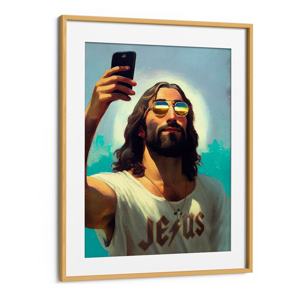 I AM JESUS, ALTERED ART PRINTS by Dikhotomy features a modern, captivating depiction of Jesus with a smartphone.
