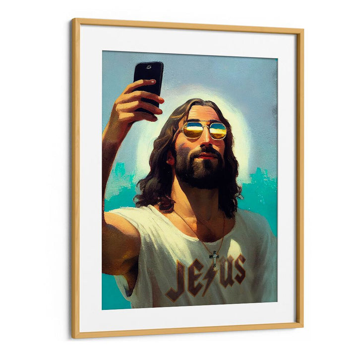 I AM JESUS, ALTERED ART PRINTS by Dikhotomy features a modern, captivating depiction of Jesus with a smartphone.