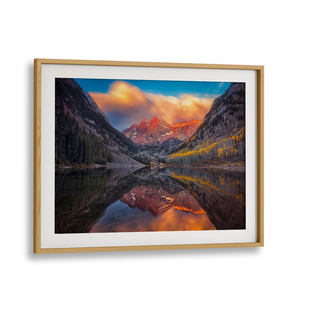 Breathtaking sunrise reflection at Maroon Lake, featured in "A PERFECT MORNING IN MAROON LAKE, PHOTOGRAPHY PRINTS."