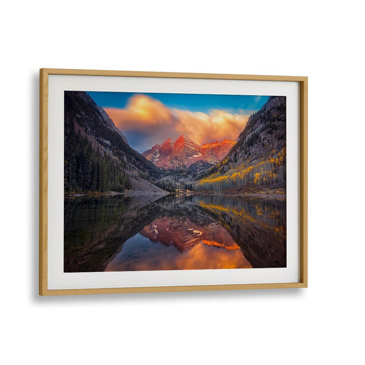 Breathtaking sunrise reflection at Maroon Lake, featured in "A PERFECT MORNING IN MAROON LAKE, PHOTOGRAPHY PRINTS."