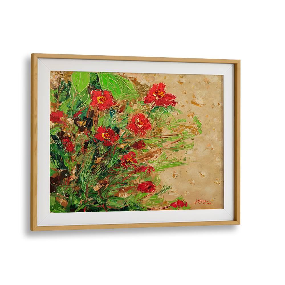 Vibrant MARIGOLD CANVAS III, FLORAL FLOWER PAINTINGS showcasing red flowers in a stylish frame, perfect for home decor.