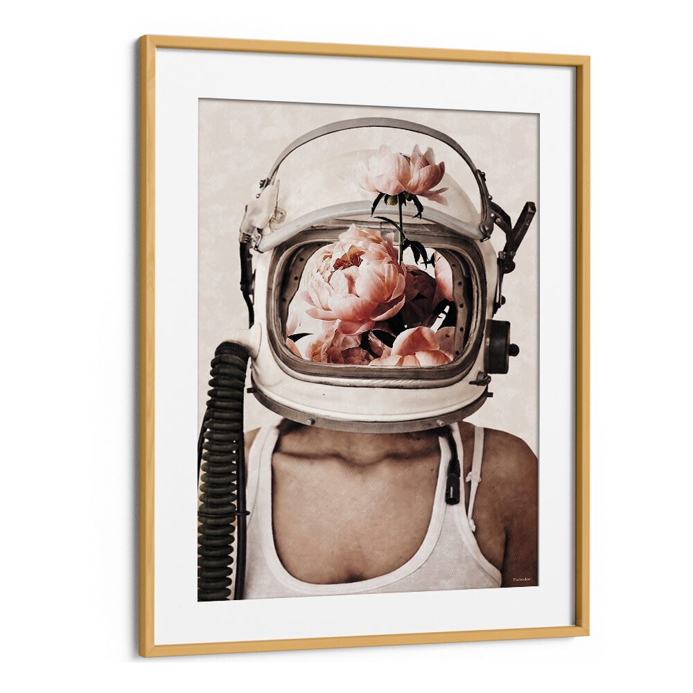 Surreal art print "SPACE BLOOM" by Underdott features an astronaut helmet filled with vibrant flowers.
