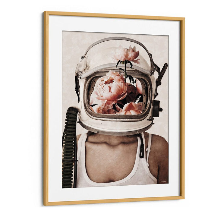 Surreal art print "SPACE BLOOM" by Underdott features an astronaut helmet filled with vibrant flowers.