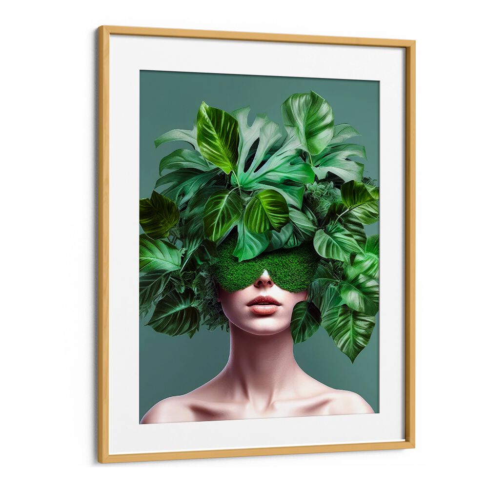 Surreal art print "PLANT LOVER III" features a woman adorned with lush green leaves, perfect for plant enthusiasts.