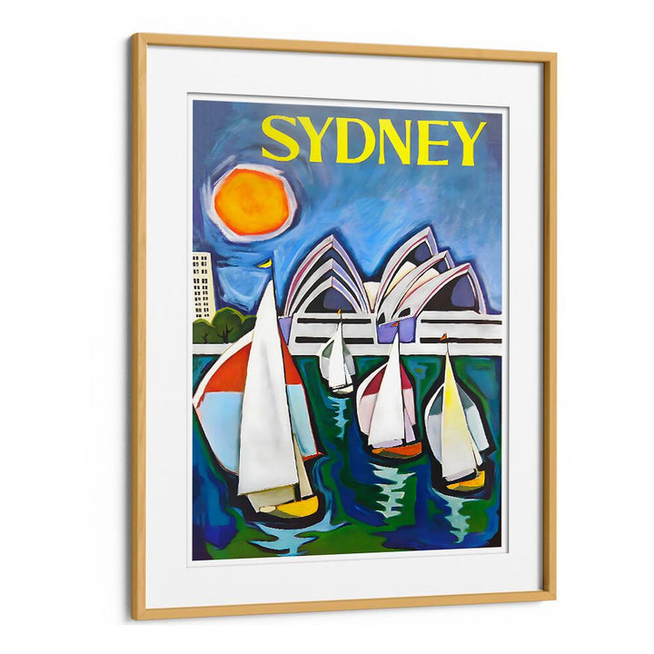 Bright and colorful SYDNEY, VINTAGE TRAVEL POSTERS featuring iconic sails and a vibrant sunset for nostalgic decor.