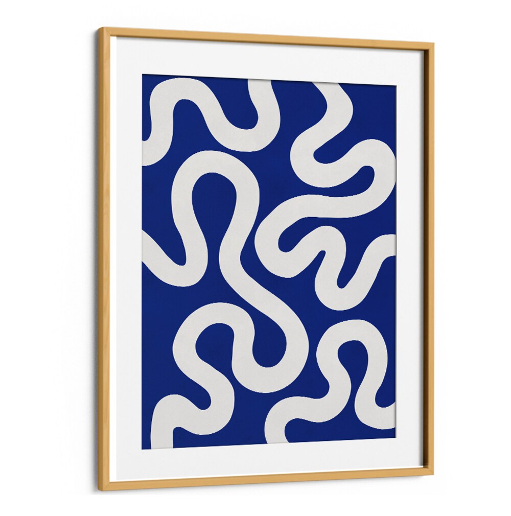 Stylish UNDULATING CURVES III, ABSTRACT PAINTINGS featuring fluid white lines on a deep blue background. Perfect for modern decor.