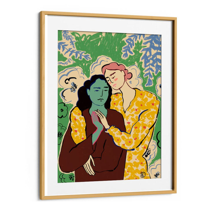Vibrant artwork of two women holding hands, capturing connection and emotion with electric colors. Perfect for any space.