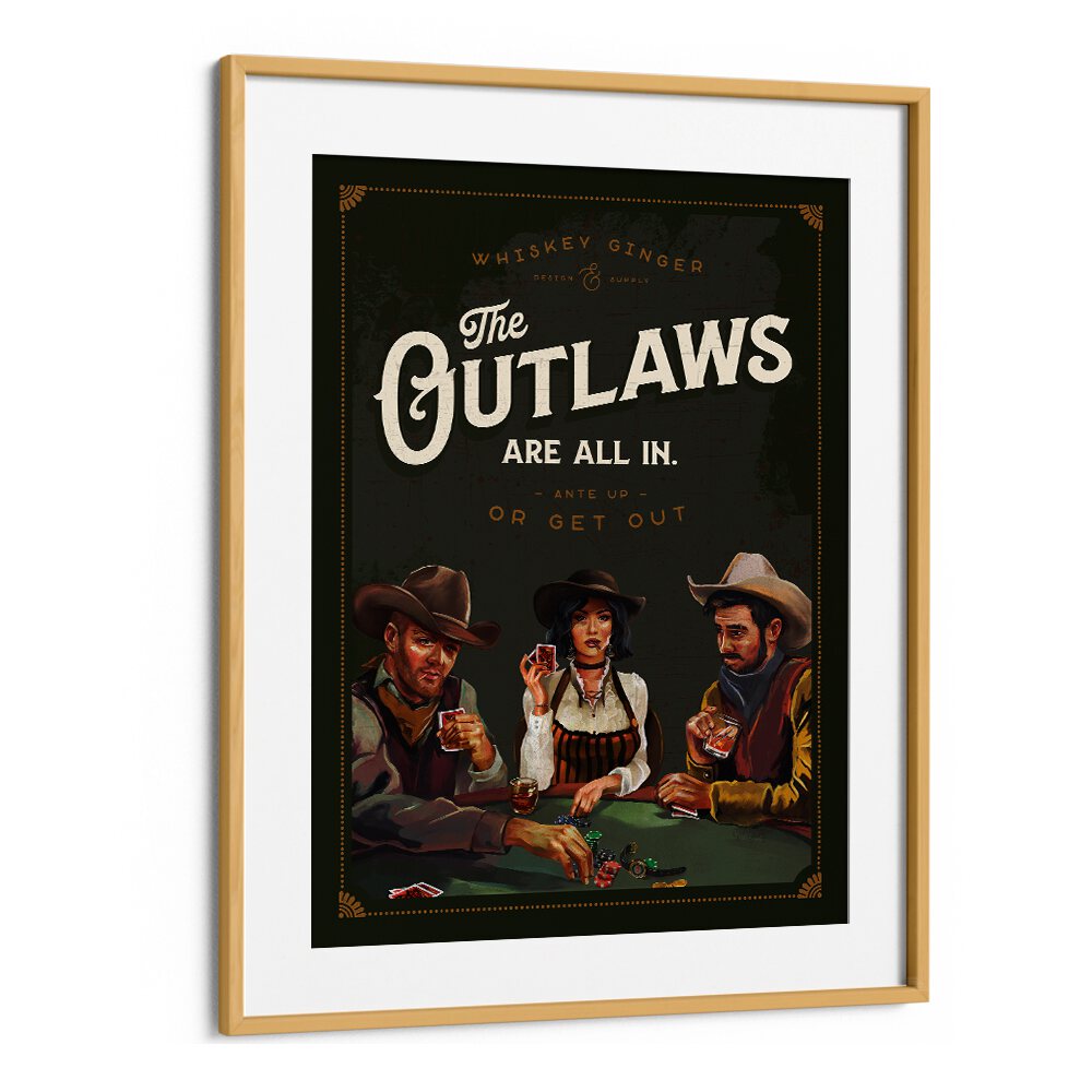 Vibrant OUTLAWS POKER, BAR art showcasing cowboys and a thrilling gaming scene for your bar decor.