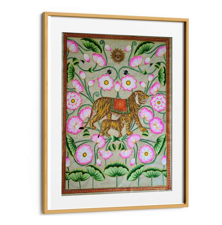 TIGRESS WITH CUB, INDIAN ART PAINTINGS beautifully showcases a nurturing tigress amidst vibrant floral designs.