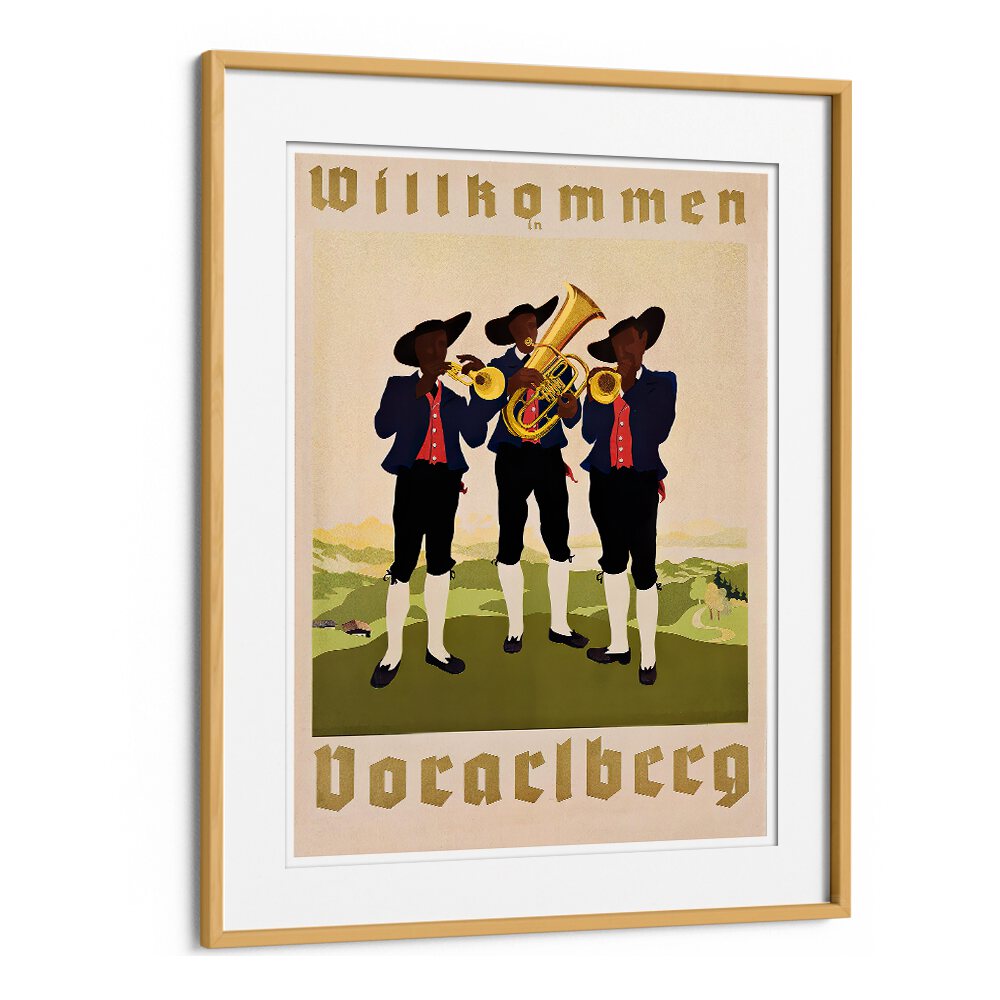 Vintage travel poster featuring musicians with the title "WILLHOMMEN," perfect for home decor and travel enthusiasts.