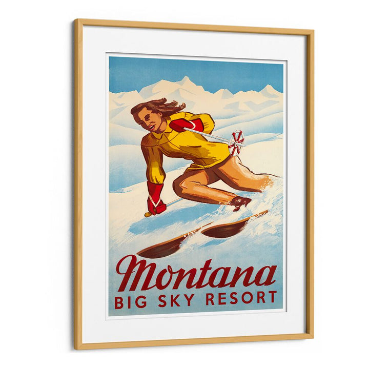 Vintage travel poster featuring a skier at Montana's Big Sky Resort, perfect for home decor. MONTANA, VINTAGE TRAVEL POSTERS.