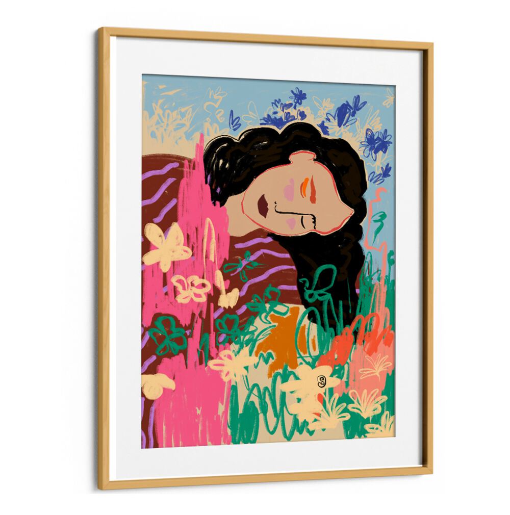 Bright and colorful art print featuring a serene figure, embodying the essence of DAY DREAMING, VIBRANT for your space.