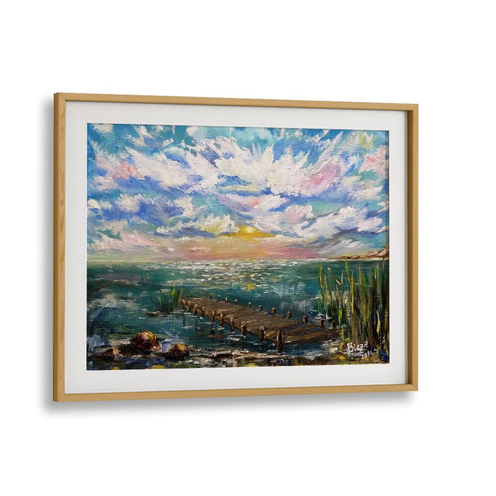 Vibrant HAPPY DAY, LANDSCAPE PAINTINGS showcasing serene waters and a colorful sky, perfect for uplifting your home decor.