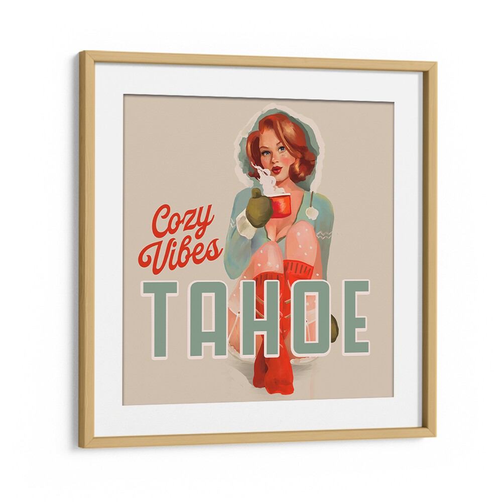 Cozy Vibes, Bar & Cafe Art features a warm illustration of a woman enjoying a drink, perfect for inviting spaces.