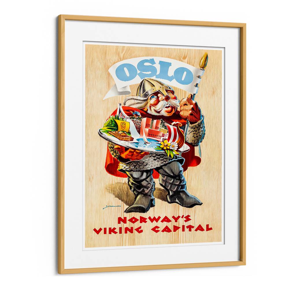 OSLO, VINTAGE TRAVEL POSTERS showcase a whimsical Viking character celebrating Norway's capital charm.