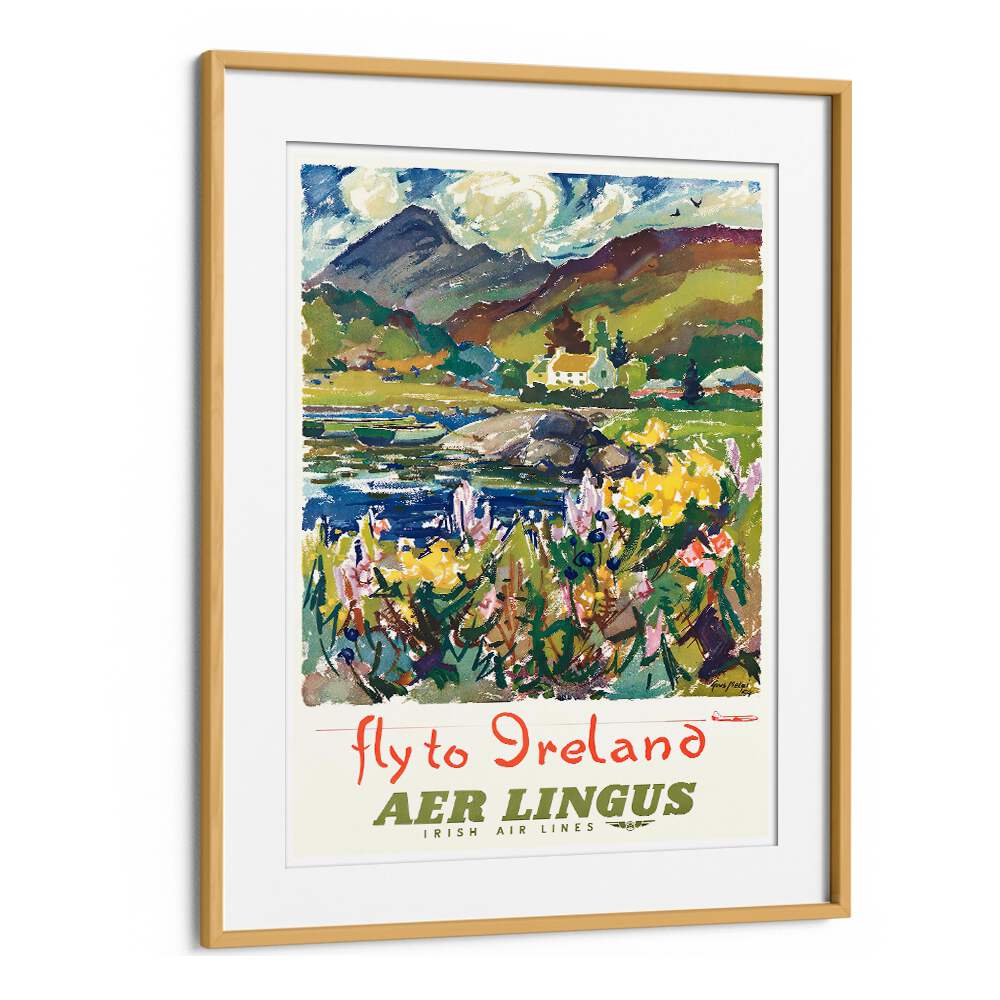 Colorful FLY TO IRELAND, VINTAGE TRAVEL POSTERS by Aer Lingus showcase Ireland's stunning landscapes and vibrant culture.