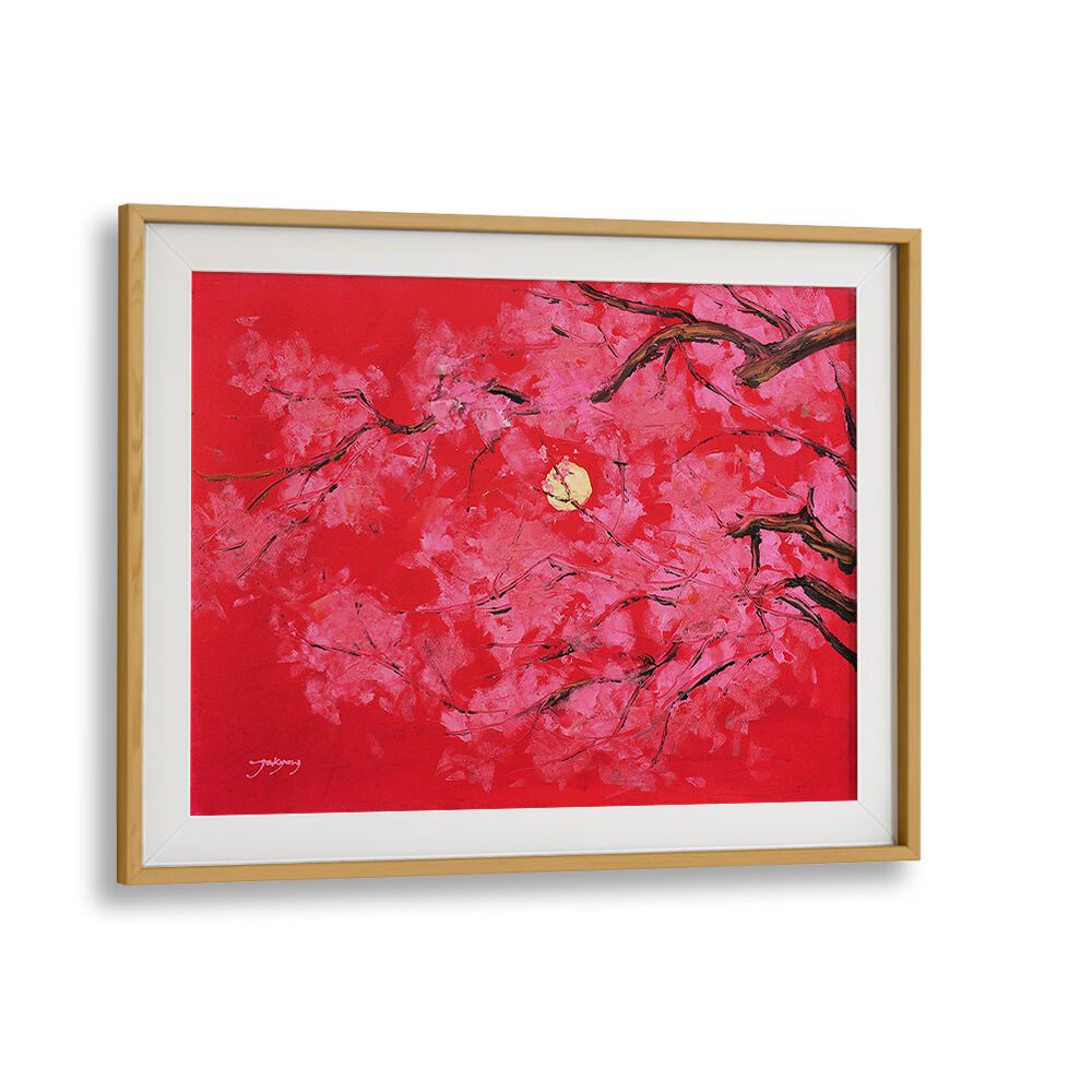 Vibrant REDMOON, FLORAL FLOWER PAINTINGS featuring pink blossoms against a rich red background, perfect for any decor.
