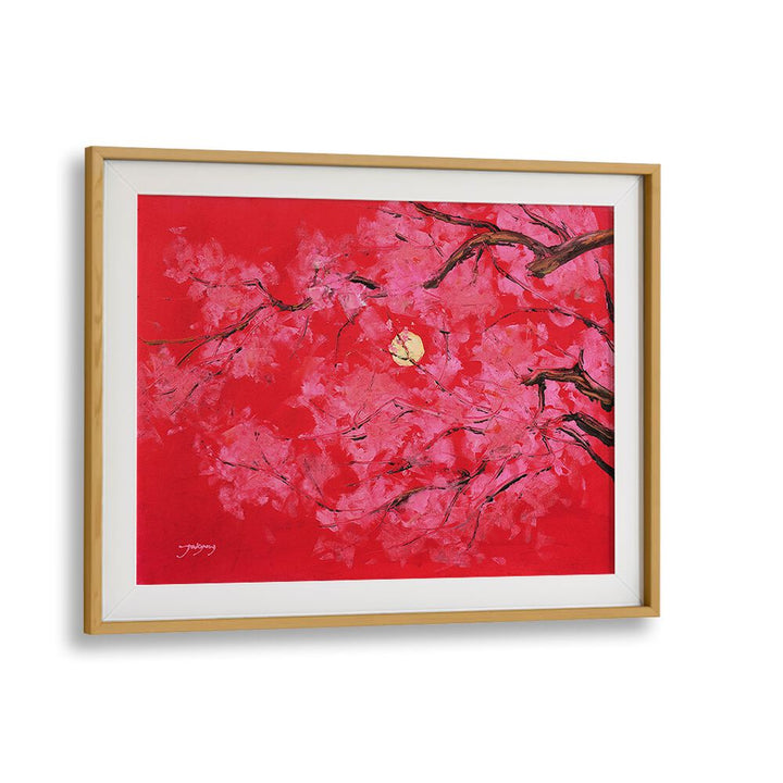 Vibrant REDMOON, FLORAL FLOWER PAINTINGS featuring pink blossoms against a rich red background, perfect for any decor.