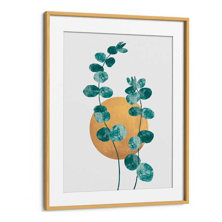 Watercolor LEAVES III, FLORAL FLOWER PAINTINGS showcasing vibrant greens and a golden sun for your decor.