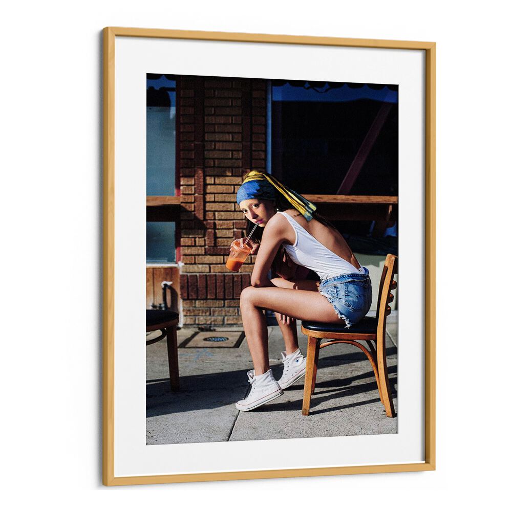 Chic girl sipping a drink embodies the GIRL WITH PEARL EARRING CHILLOUT MOOD, ALTERED ART PRINTS vibe.