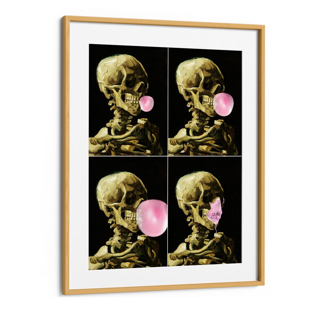 Skull Gum Explosion, altered art prints featuring a skeleton blowing bubblegum, perfect for creative home decor.