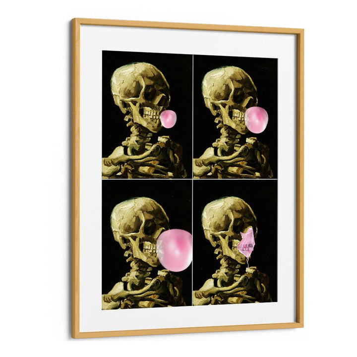 Skull Gum Explosion, altered art prints featuring a skeleton blowing bubblegum, perfect for creative home decor.