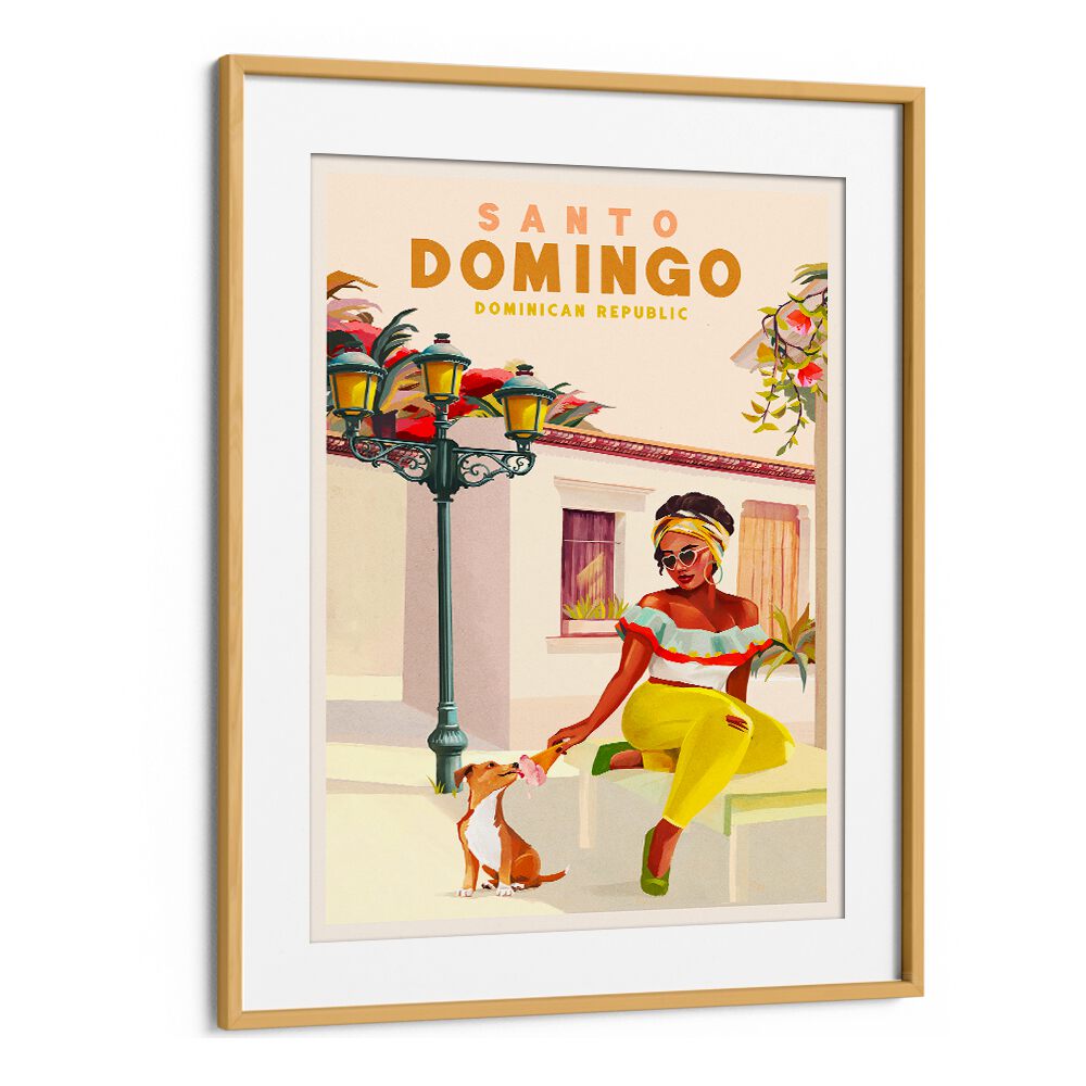 Vibrant SANTO DOMINGO, TRAVEL POSTERS showcasing a woman and dog, reflecting Dominican Republic's lively culture.