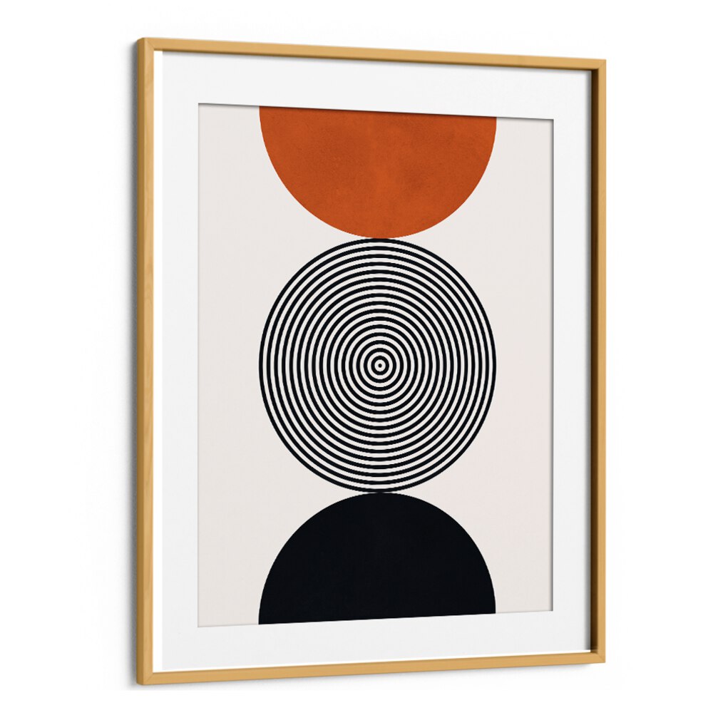 Modern LINES AND CIRCLES XXIX, GEOMETRIC ART PRINTS showcase striking orange and black designs, perfect for contemporary spaces.