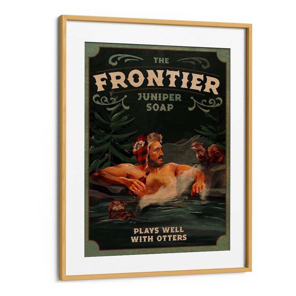 FRONTIER MAN WITH OTTERS, BAR artwork showcases a rugged man in nature, perfect for outdoor-themed decor.