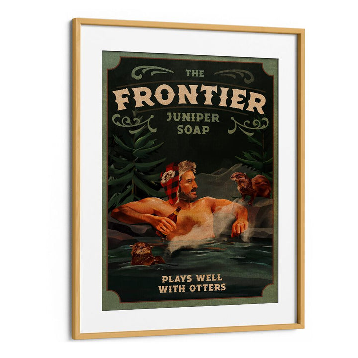 FRONTIER MAN WITH OTTERS, BAR artwork showcases a rugged man in nature, perfect for outdoor-themed decor.