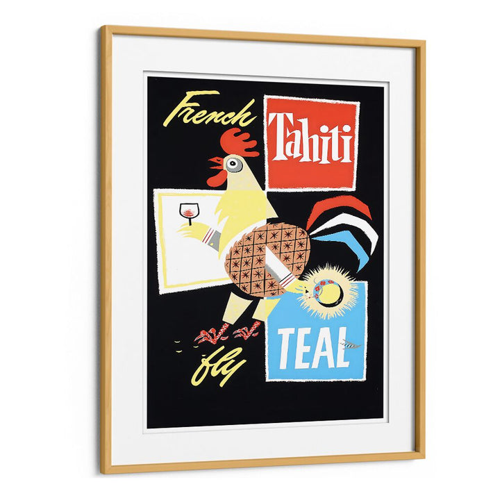 Colorful TAHITI IX, VINTAGE TRAVEL POSTERS featuring a whimsical rooster, perfect for adding charm to any space.