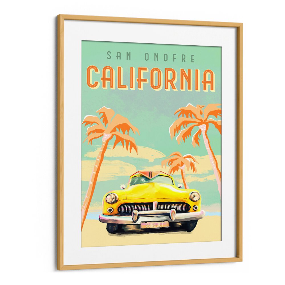 Colorful California Surf travel poster featuring a vintage car and palm trees, perfect for beach lovers and adventurers.
