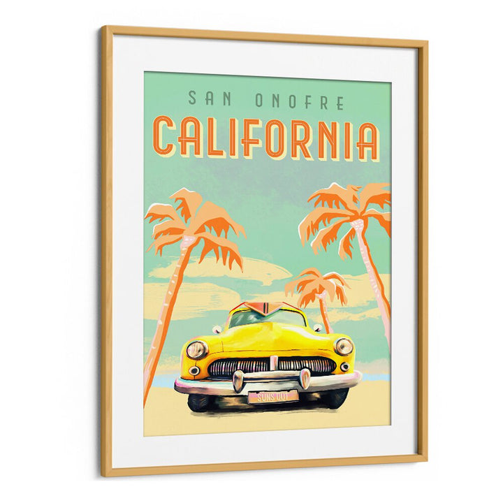 Colorful California Surf travel poster featuring a vintage car and palm trees, perfect for beach lovers and adventurers.